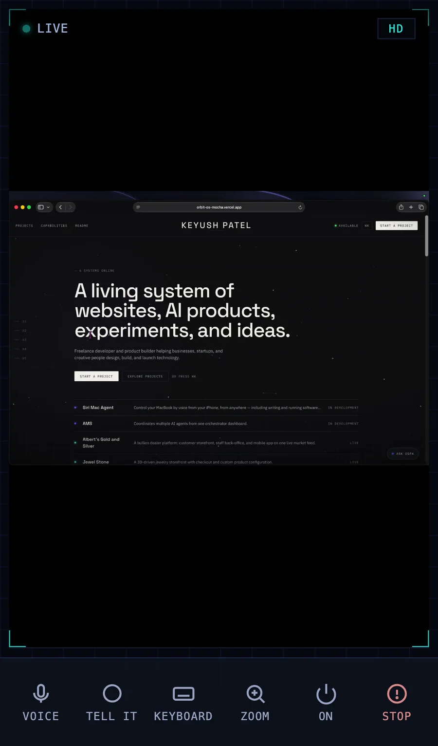 The Siri Mac Agent phone app showing the Mac's screen with voice and keyboard controls.