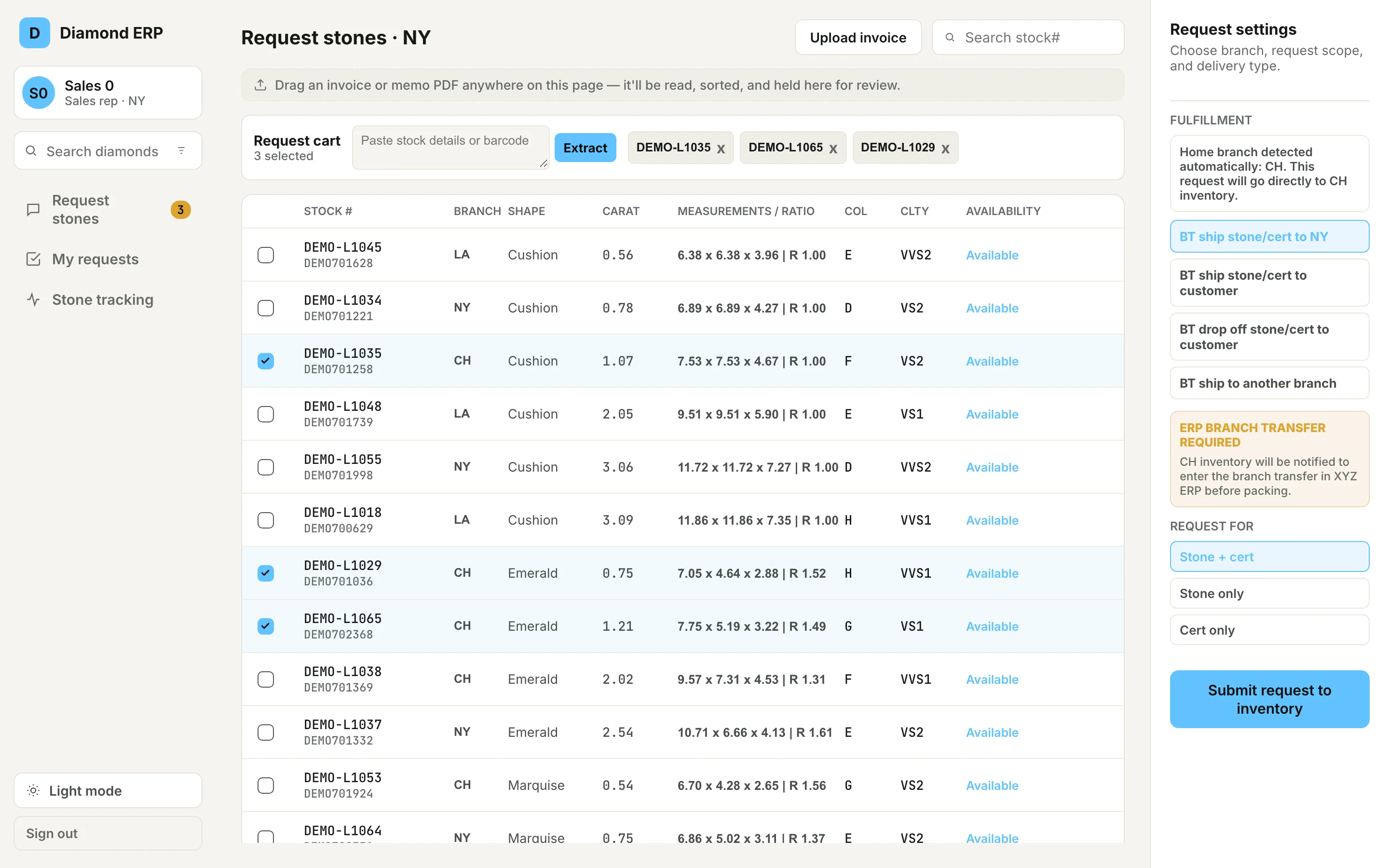 DIMS request screen: a New York rep with stones from Chicago in the cart and the home branch detected.