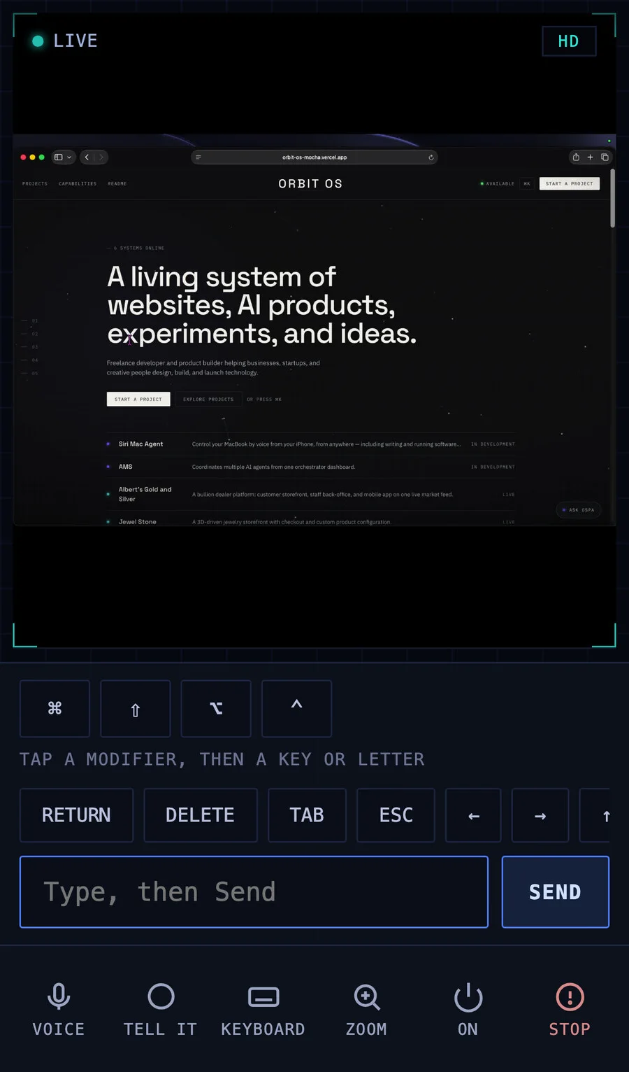 The phone app with its keyboard and modifier keys open.