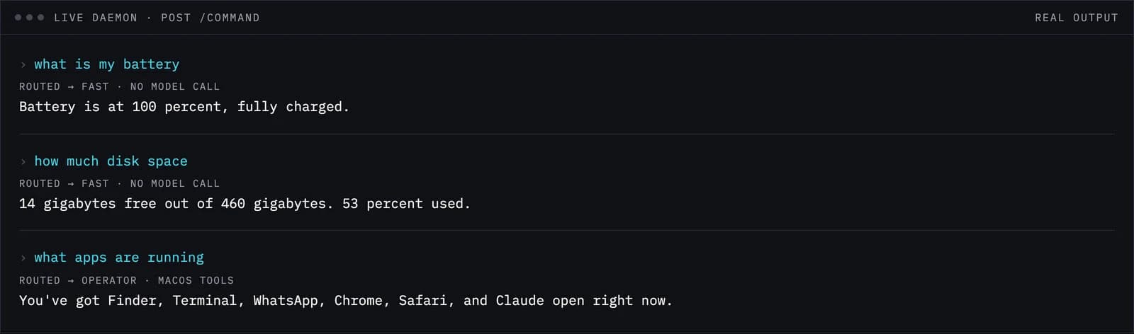 Terminal output: three voice requests answered by the daemon, showing which destination each was routed to.