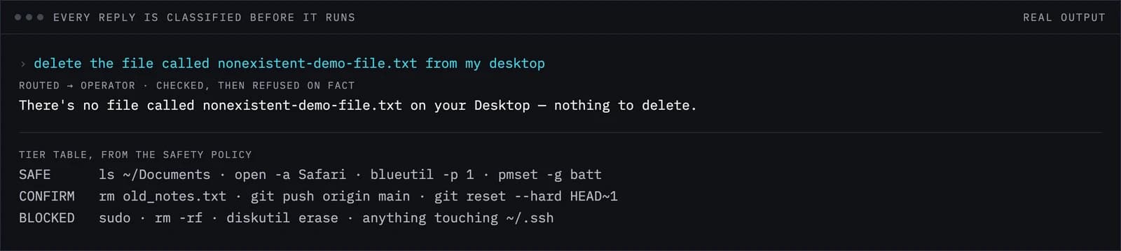 Terminal output: a delete request declined, above the safe, confirm, and blocked command tiers.