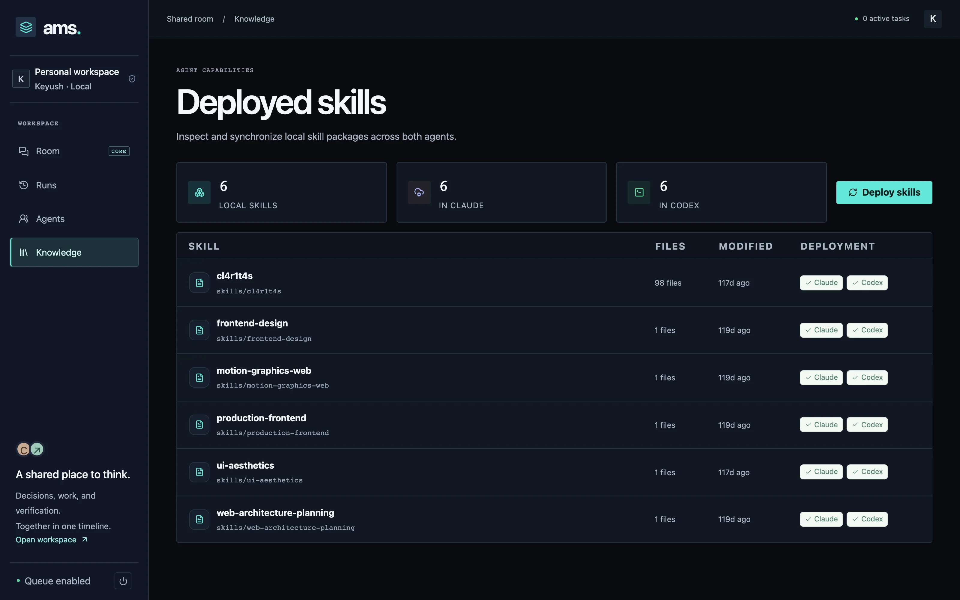The AMS knowledge page listing skills deployed to both agents.
