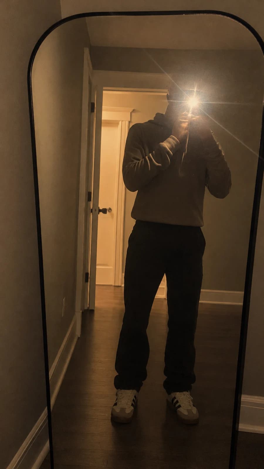 A mirror photo of an outfit, sent for an honest review.
