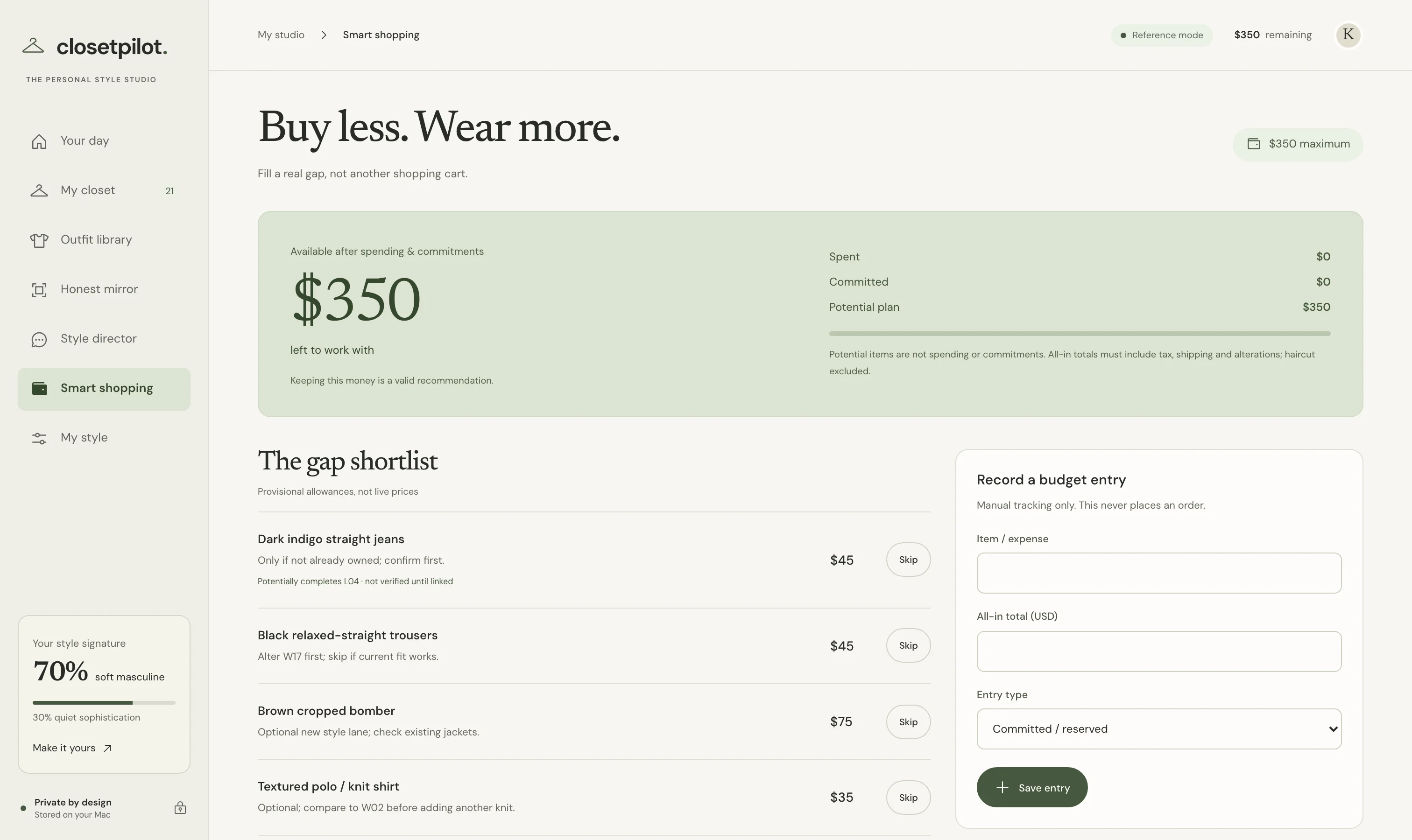 ClosetPilot's shopping page: a $350 budget and a short list of genuine gaps.