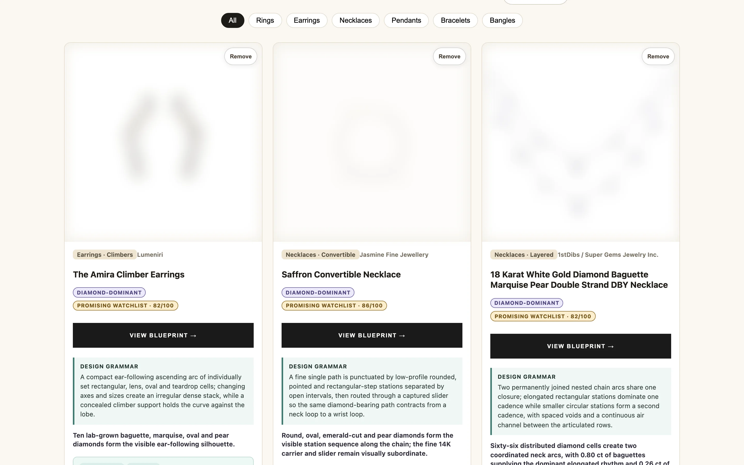 Three scouted design cards with category, source and watchlist score.