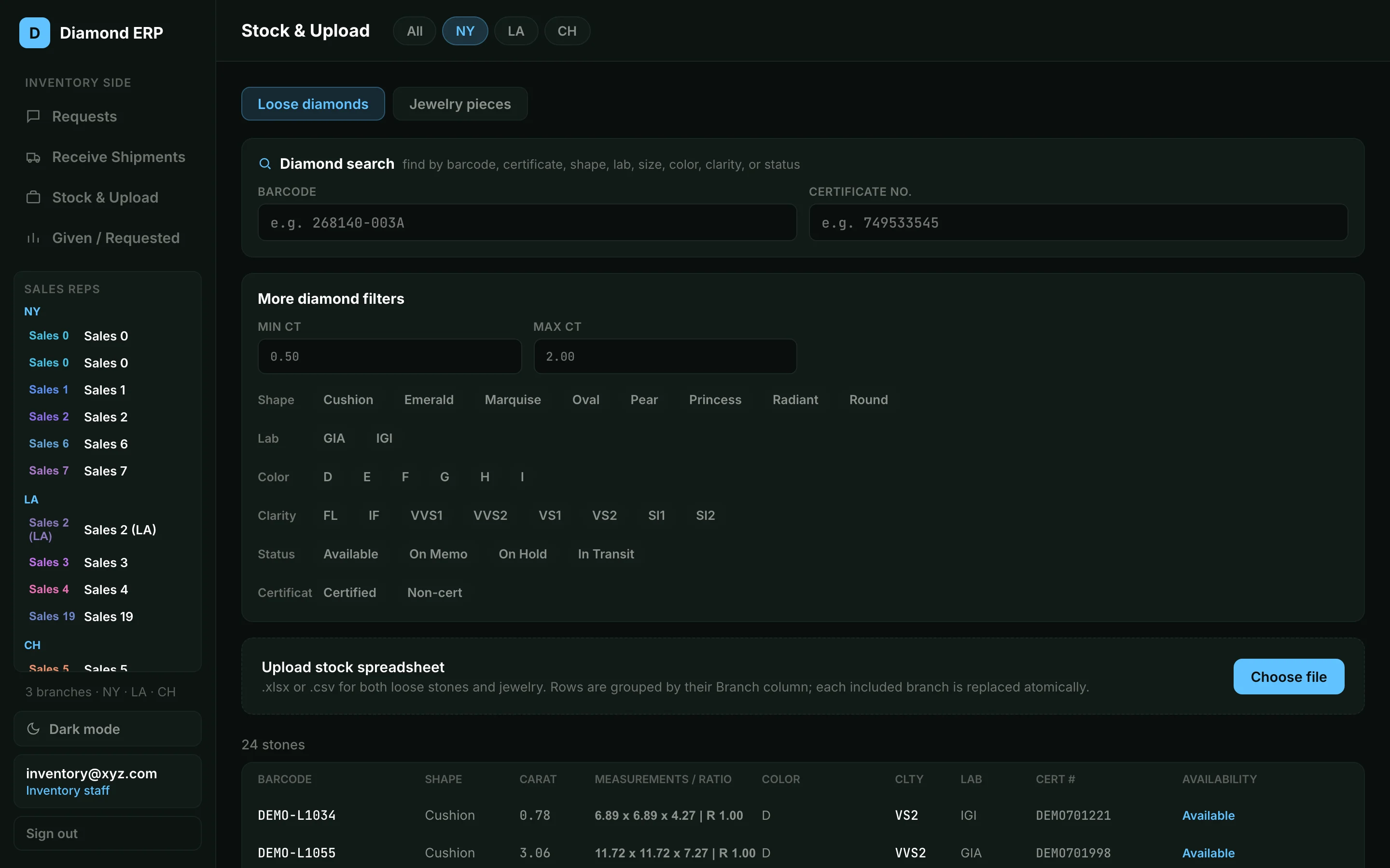 DIMS stock and upload screen with diamond filters across all three offices.